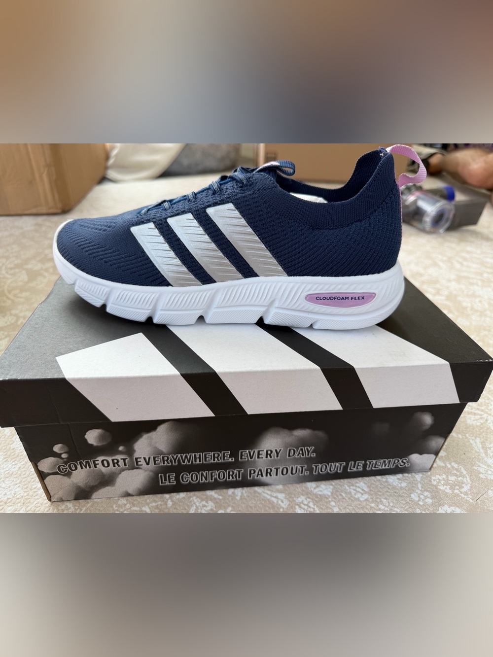 adidas Navy Blue and White Cloudfoam Flex Athletic Sneakers with Pink Pull Tab